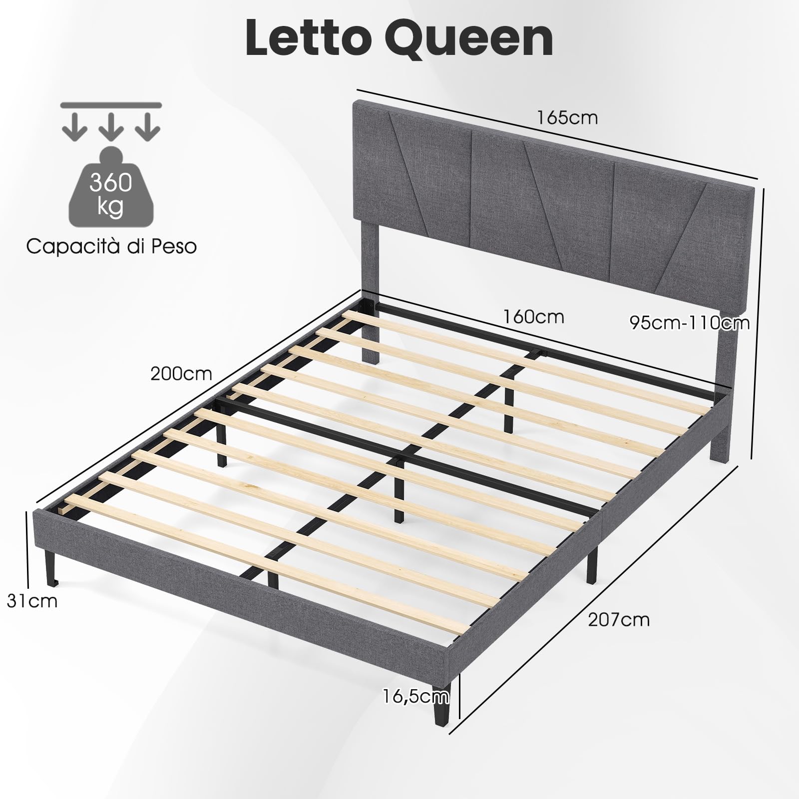 COSTWAY Struttura Letto Matrimoniale, Letto Piattaforma Rivestito in Lino con Testiera Regolabile in Altezza, Doghe in Legno a Supporto del Materasso, Silenzioso (200x160cm)