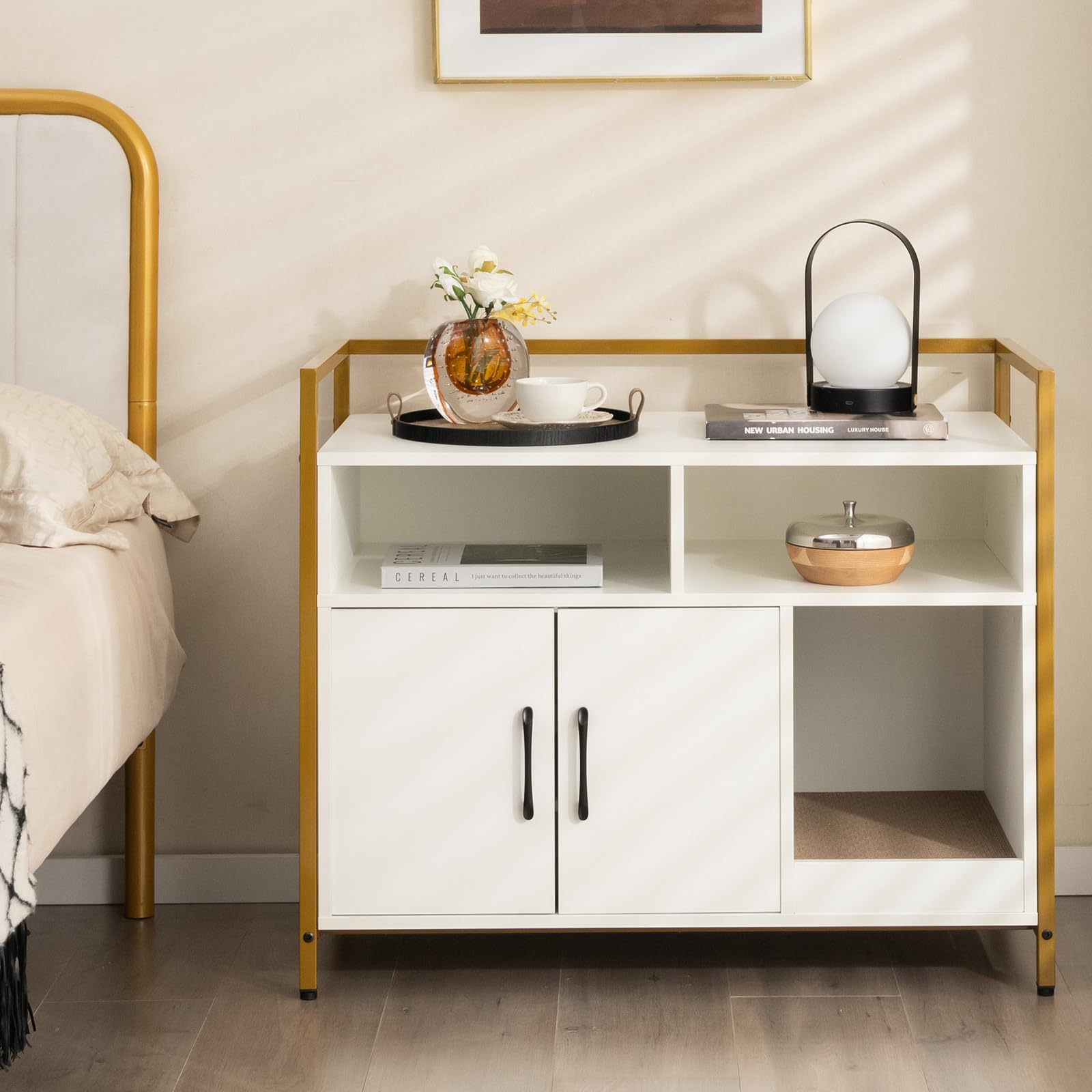 GYMAX Casetta per Gatto, Mobile Lettiera per Gatti, con Robusto Telaio in Metallo, Tiragraffi, Scaffali di Stoccaggio in Legno, Stile Industriale, 89 x 45 x 74,5 cm (Bianco)