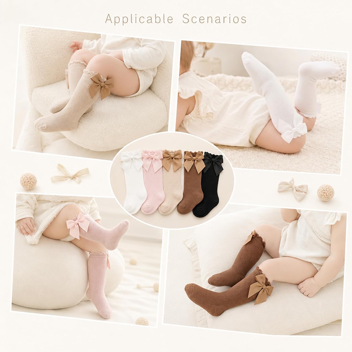 Baby Girl Knee High Socks with Bows Soft Cotton Ruffle Long Stockings Smooth Sole Infant Toddler Uniform