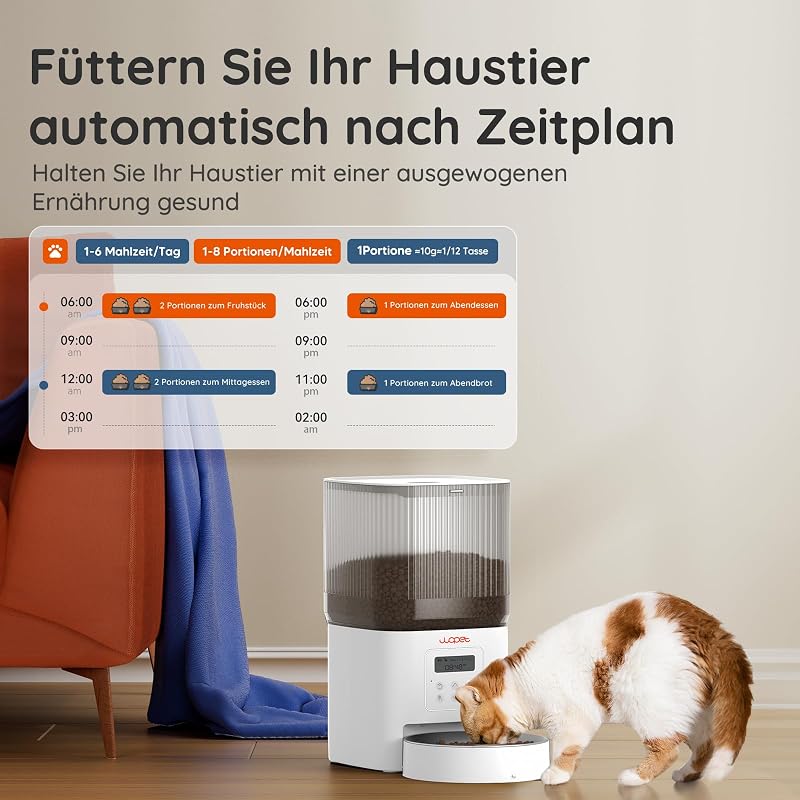 WOPET Automata Kisállat Etető 4L - Macskáknak és Kutyáknak, 180 Napos Akkumulátor, 1-6 Étkezés/Nap, Rozsdamentes Acél Tál, Fehér