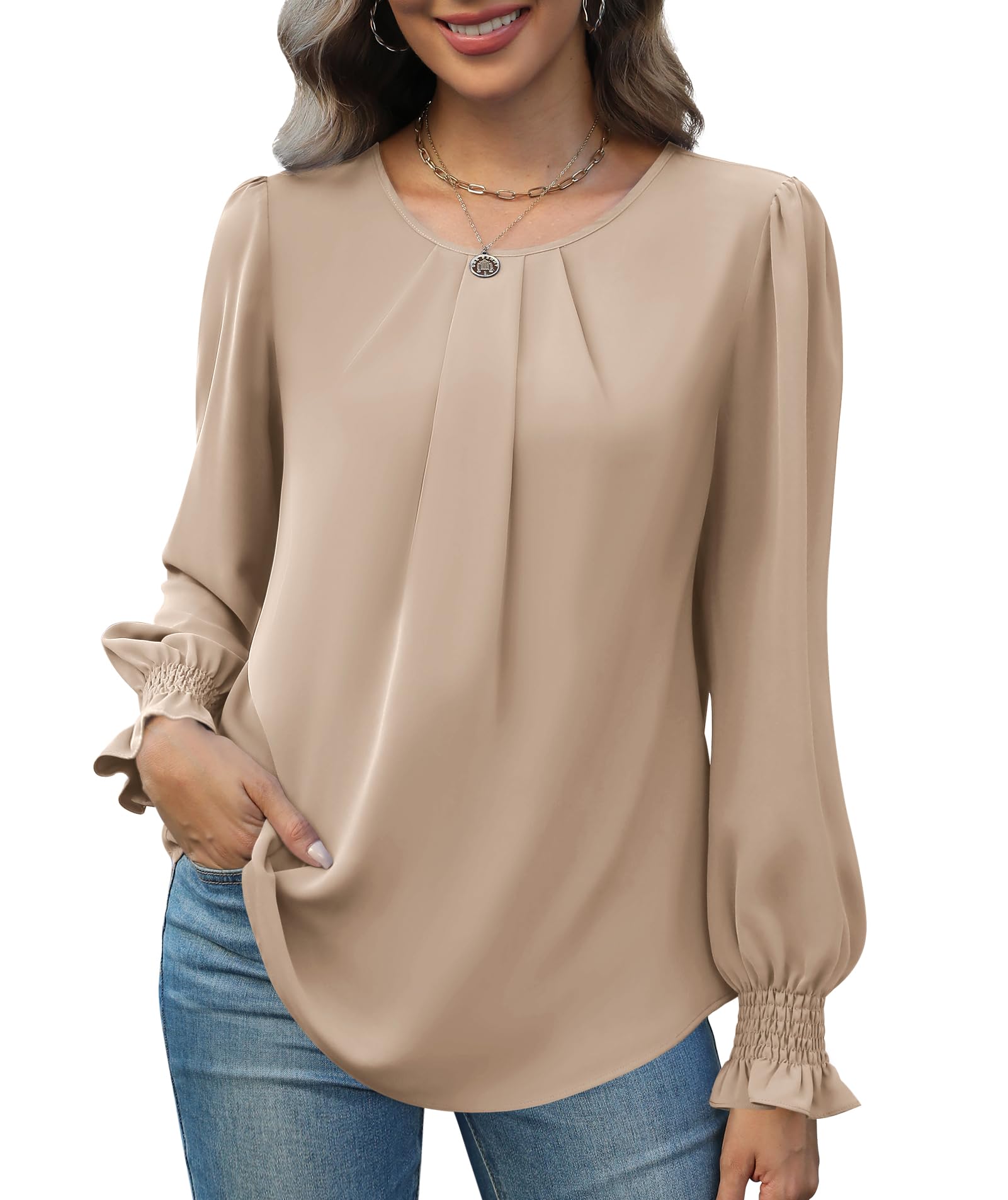 Funlingo Blusas de gasa para mujer, elegantes, informales, fruncidas, de manga larga, plisadas, cuello redondo, holgadas, para otoño de 2025
