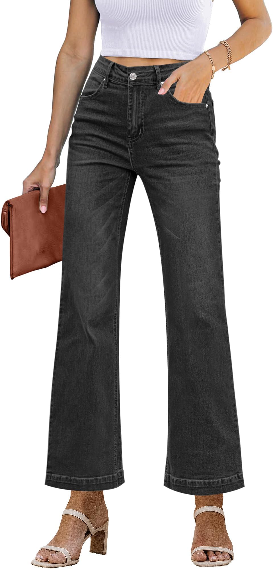 – Flare Womens High Waisted Wide Leg Jeans for Women UK Stretch Denim Pants Cropped Trousers