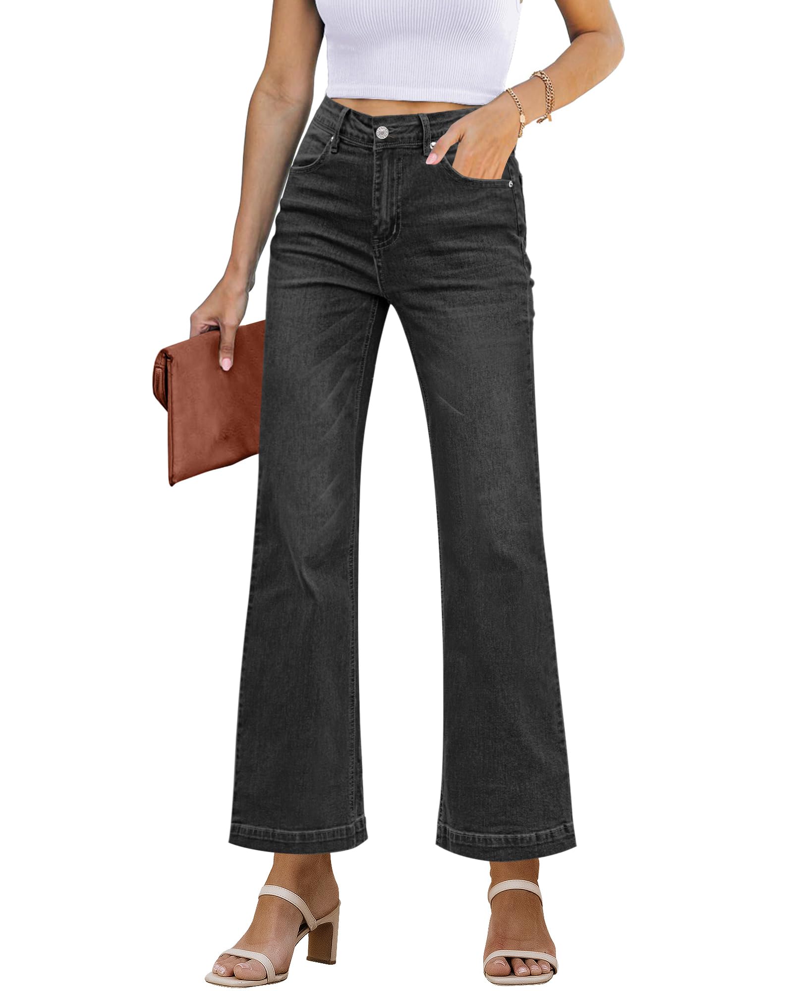 GRAPENT Flare Jeans for Women High Rise Wide Leg Baggy Stretchy Denim Pants | High Waisted Jeans for Women Trendy, Flare Bootcut Style, 4 Pockets, Distressed Wash, Casual Office Wear, Daily Jean Pants
