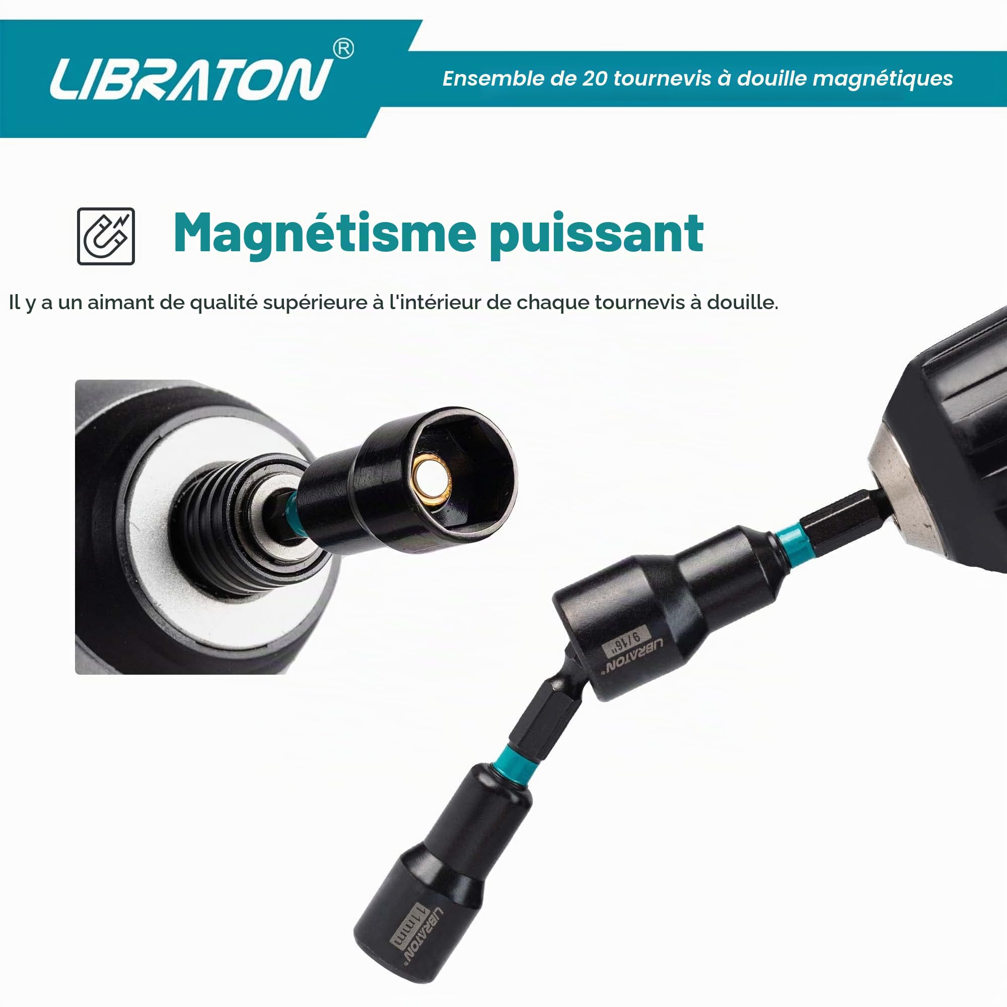 Libraton Lot de 20 Tourne-écrous magnétiques, 1/4" Hexagonale pilotes d'écrou en acier au chrome vanadium, métriques et SAE tournevis à écrous, avec sac de rangement