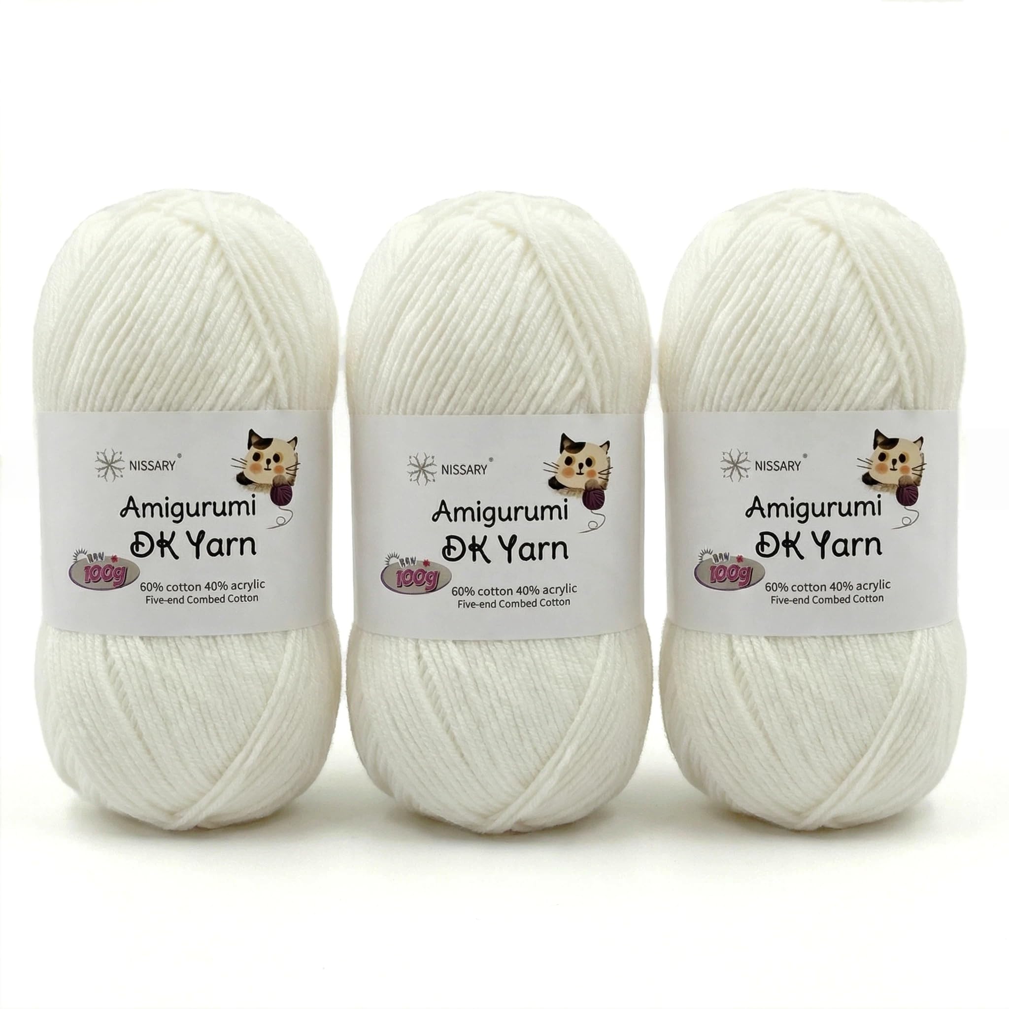 Nissary crochet thread 3x100g, wool for crocheting & knitting, 60% cotton + 40% acrylic, crochet yarn DK for beginners with accessories, perfect for amigurumi and craft white