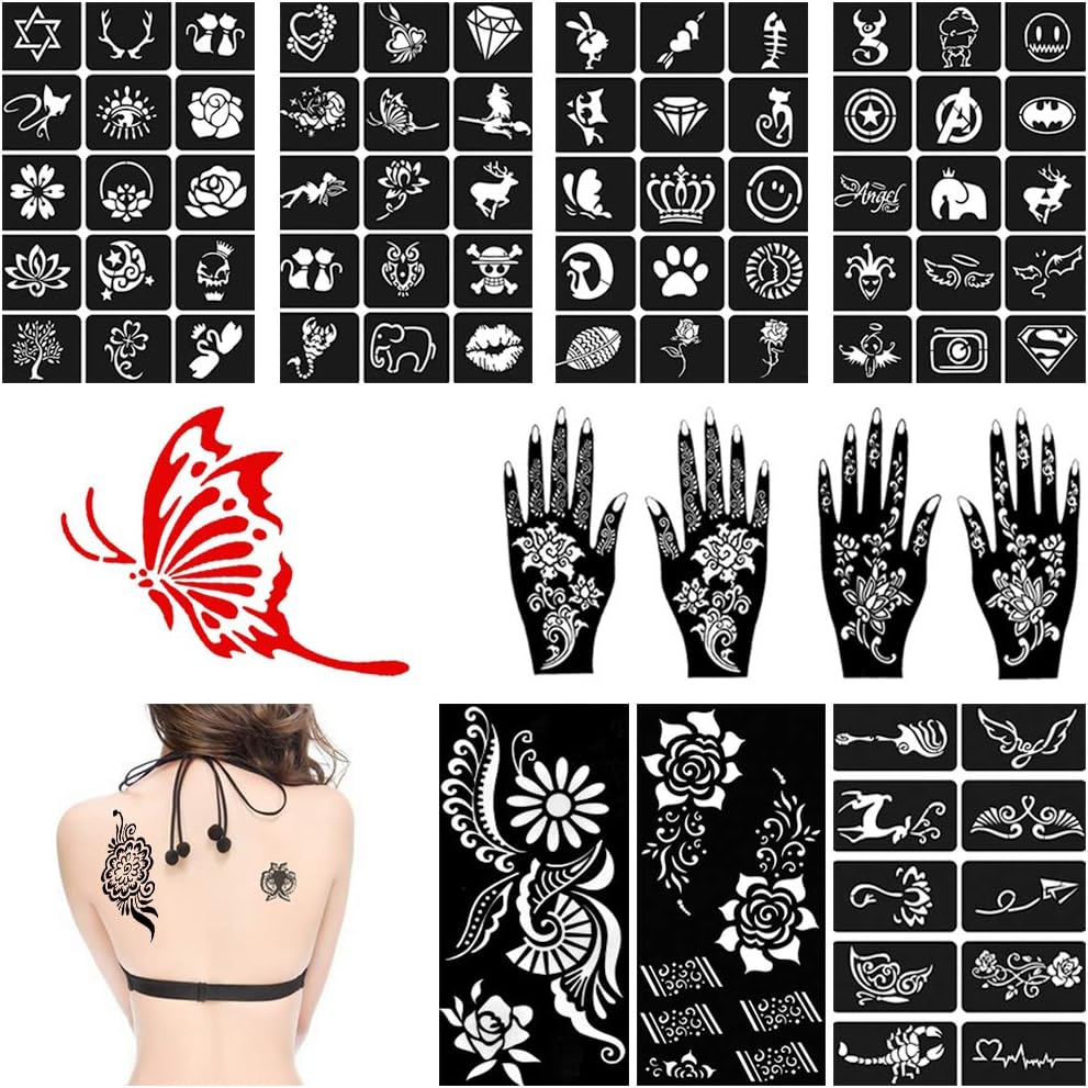 lndia Henna Tattoo Stencil Kit (11 Sheets) Glitter Tattoo Kit - Women Girls Hand Finger Body Paint Temporary Tattoo Templates Reusable Henna Stencils