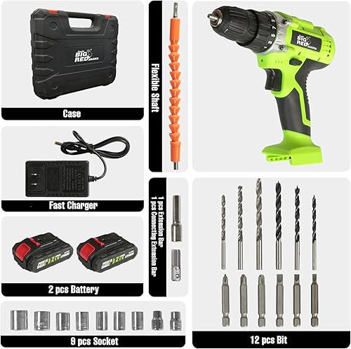 Miniatura 2 de BIG RED LL-01 Torin 21V Juego de taladro eléctrico inalámbrico portabrocas sin llave de 38", 2 velocidades variables, posición 25+1, taladro