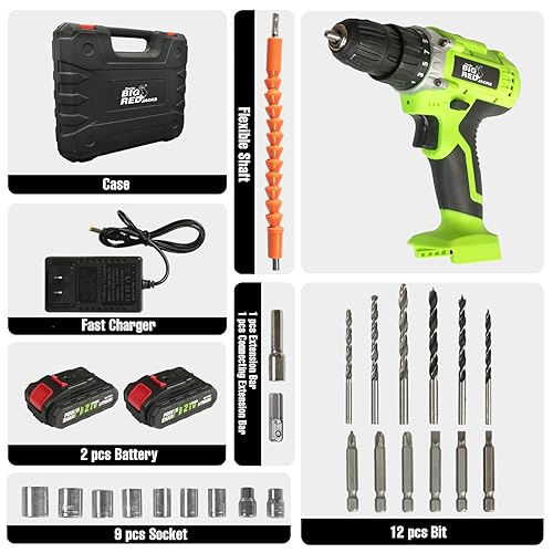 Miniatura 2 de BIG RED LL-01 Torin 21V Juego de taladro eléctrico inalámbrico portabrocas sin llave de 38", 2 velocidades variables, posición 25+1, taladro