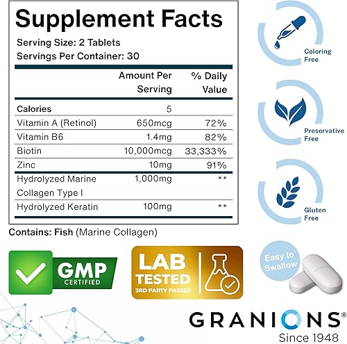 Miniatura 4 de Comprimidos para el crecimiento del cabello con biotina y colágeno y queratina, biotina 10000 mcg, péptidos de colágeno marino, queratina, retinol,