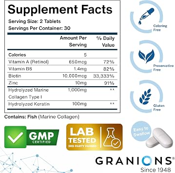 Biotin Collagen Keratin Supplement Hair Growth Tablets Biotin 10000mcg, Marine Collagen Peptides, Keratin, Retinol, Zinc, Vitamin B6 - Hair, Skin and Nails Complex for Women and Men - 60 Tablets