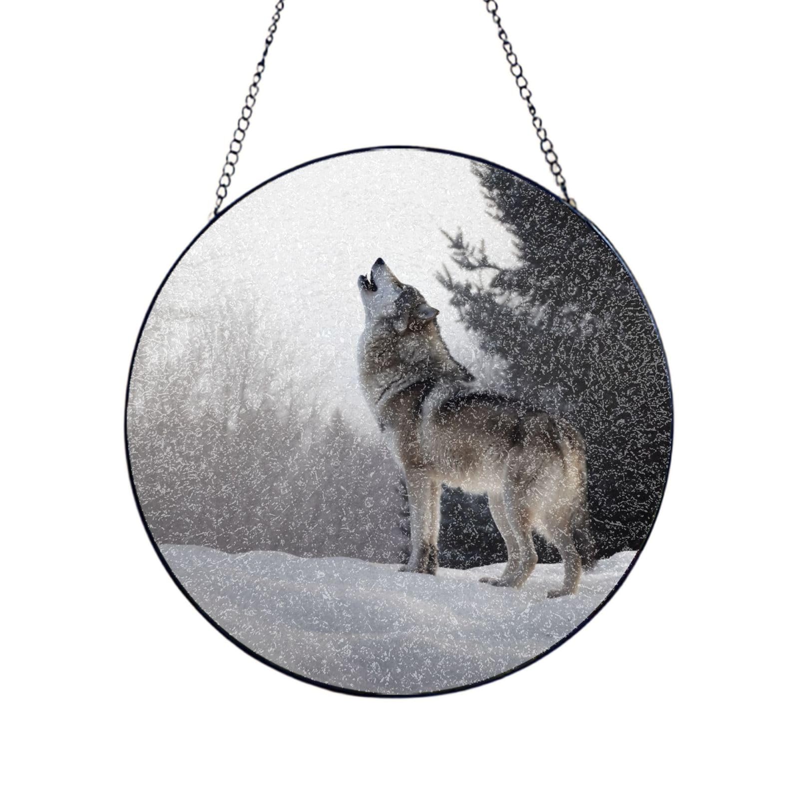 Stained Glass Window Hanging 4in（10cm）, Howling Wolf Glass Suncatcher for Home Decor, Indoor Wall Art Glass Panel with Metal Chain and Hooks, Sun Catcher Ornament Birthday Gifts