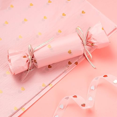 Miniatura 2 de LeZakaa 20 hojas de papel de seda para el día de San Valentín, rosa con patrón de corazón dorado, papel de seda de regalo para bodas, aniversarios,
