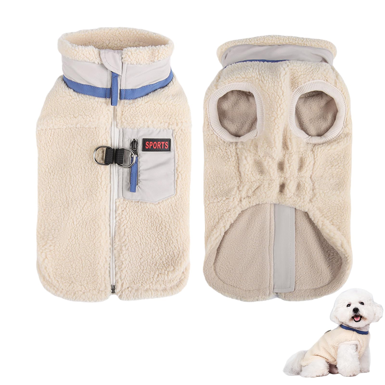 Duuclume Winter Dog Vest Sweater for Small & Medium Dogs,Thickened Double Fleece, Soft Stand-Collar Pet Coat with Zipper,D-Ring & Side Pocket. (Beige, M)