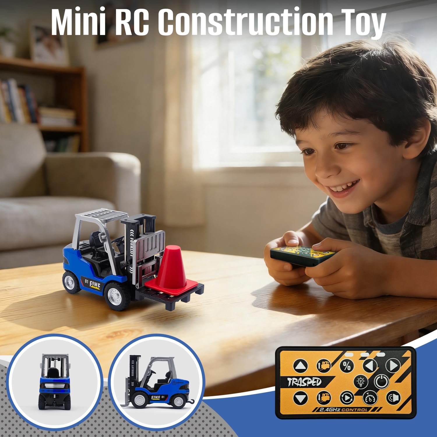Snugzy 1/64 Mini RC Forklift Toy Remote Control Rechargeable 2 in 1 Transformable Lift Fork & Hook Construction Vehicle Gifts for Kids (Blue)