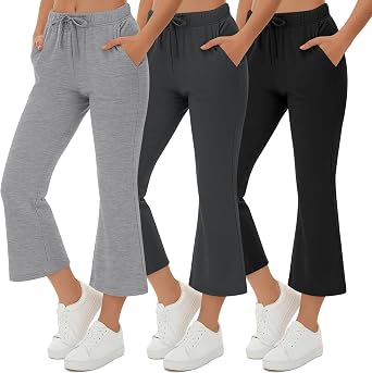 3 Pack Girls Flare Capri Pants Wide Leg Athletic Drawstring Bell Bottoms Elastic 3/4 Cropped Sweatpants Pockets