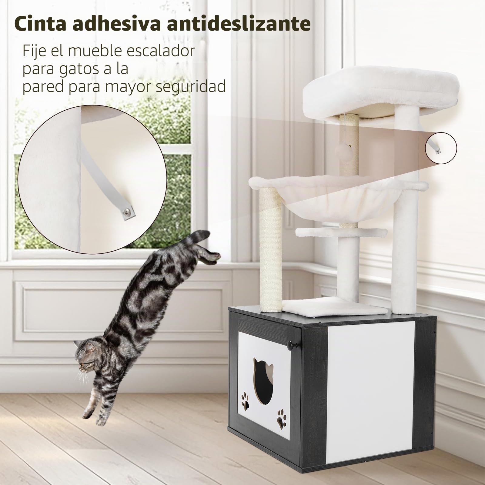 MAMIZO Árbol rascador con inodoro para gatos, árbol para gatos 2-en-1, nido de felpa desmontable, 119 cm de alto, cojines de felpa lavables, mueble para gatos, árbol rascador de madera, troncos de