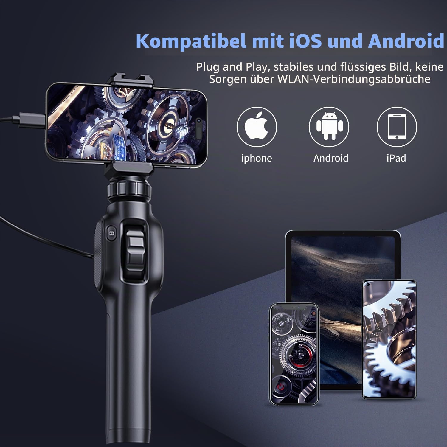 AOPICK Endoskopkamera mit Licth, AOPICK 360°1080P HD Drehbar Inspektionskamera IP67 Wasserdichtes Rohrkamera Kanal Endoskop Kamera mit 8LEDs (1M)