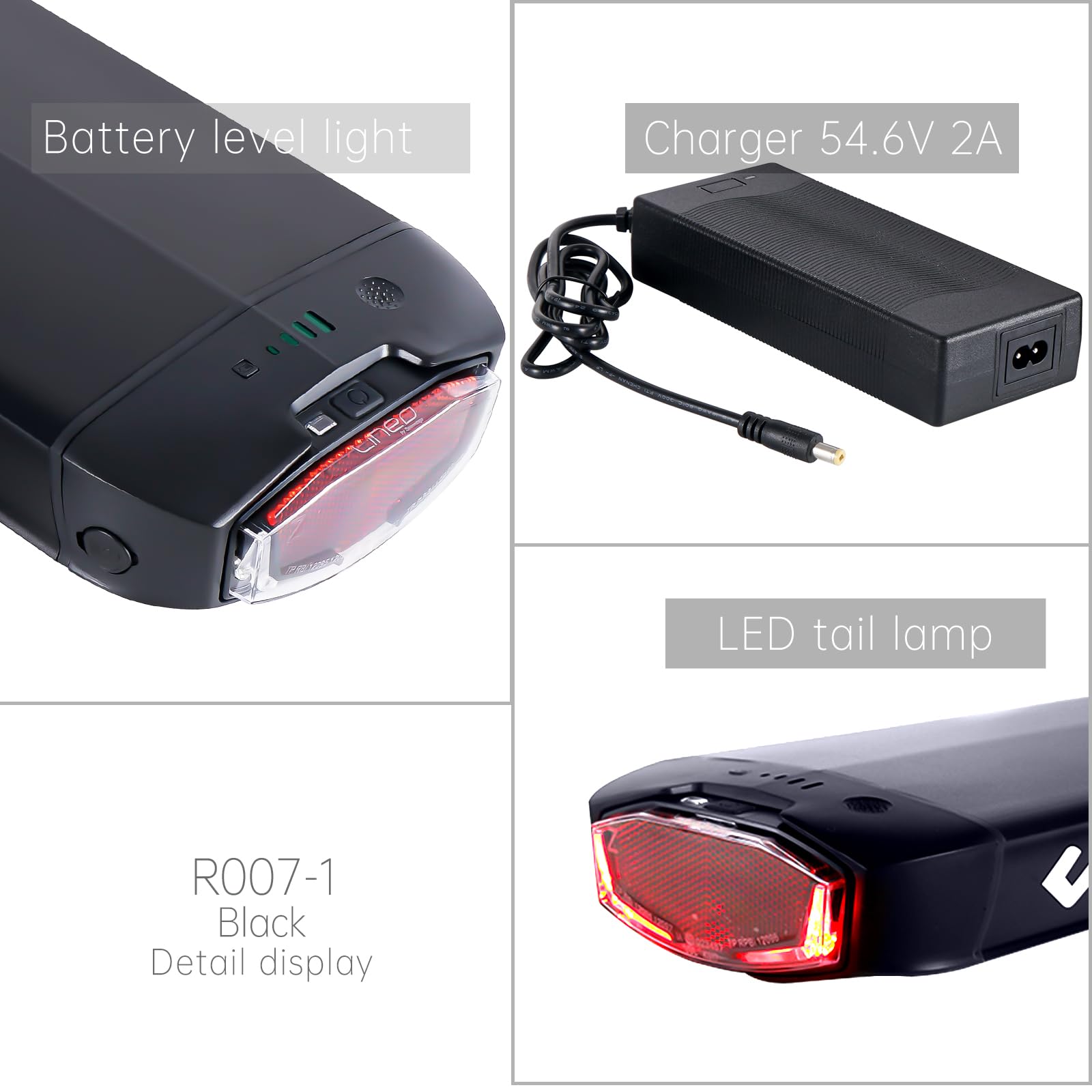 Gepäckträger Ebike Akku 52V 15Ah Heckträger EBike Lithium Ionen Akku Fahrrad Umbausatz für 250W 350W 500W 1000W 1500W Motor mit Ladegerät Safe Lock (ohne Heckträger)