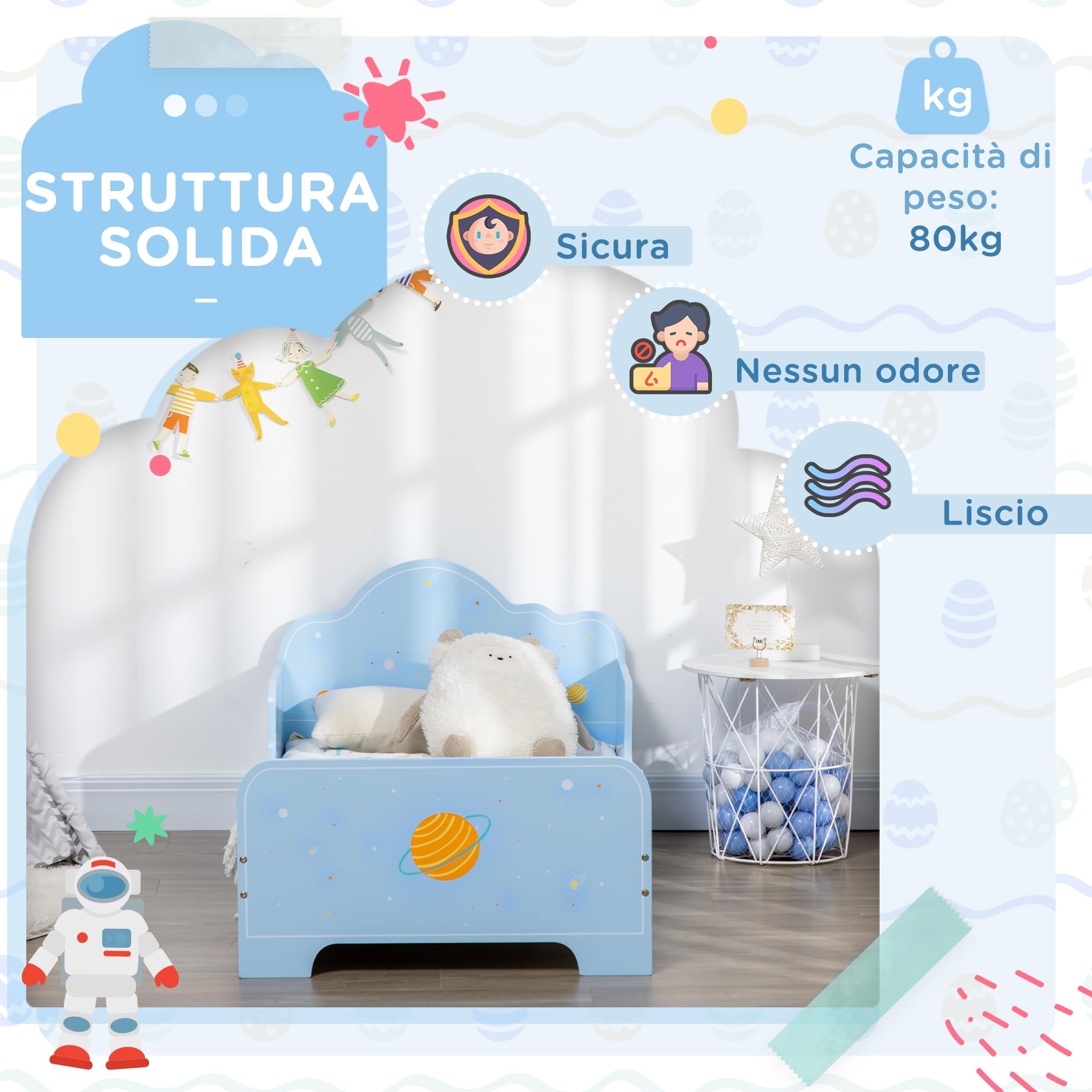 ZONEKIZ Letto per Bambini con Sponde Anti-Caduta, Lettino per Bambini Età 3-6 Anni con Fantasia Spaziale, 143x74x59cm, Azzurro