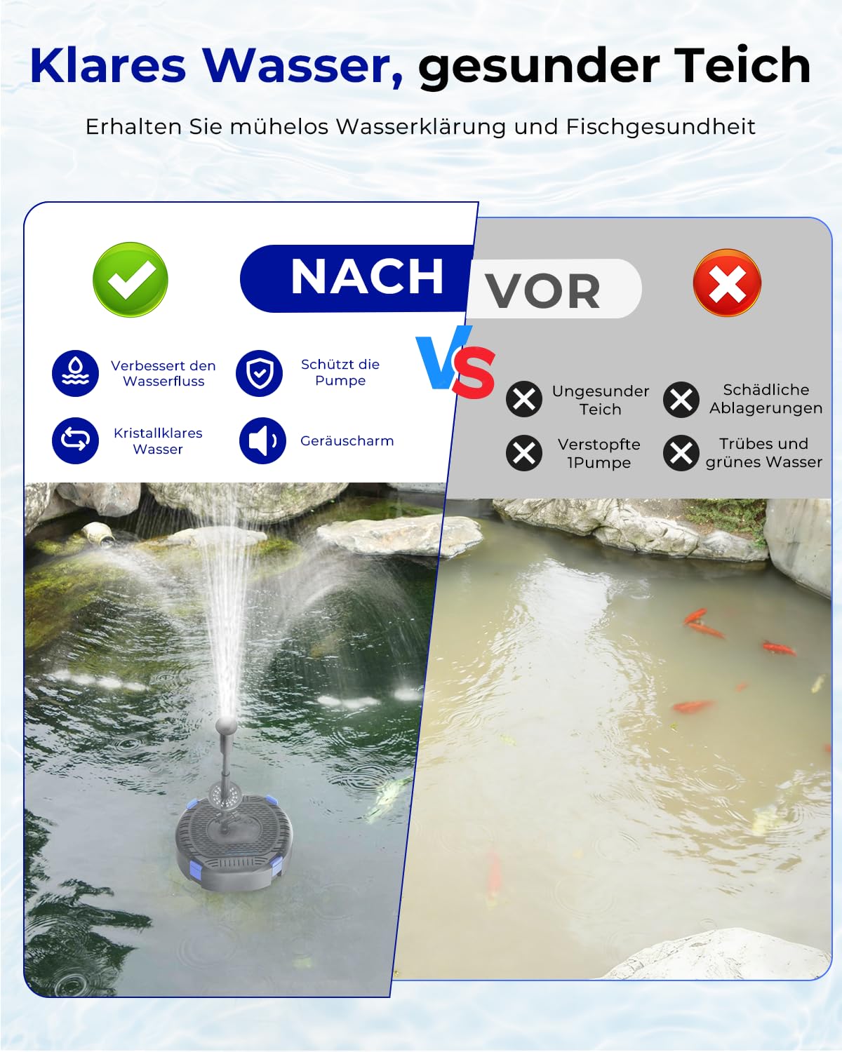 Hitauing All-in-One Tteichpumpe 3000 L/H 40W mit automatischer bunter LED, Teichpumpe für Außen mit 3 Sprühbildern, Springbrunnen-Set mit Wasserpumpe für Garten, Wasserspiele, Vogeltränken
