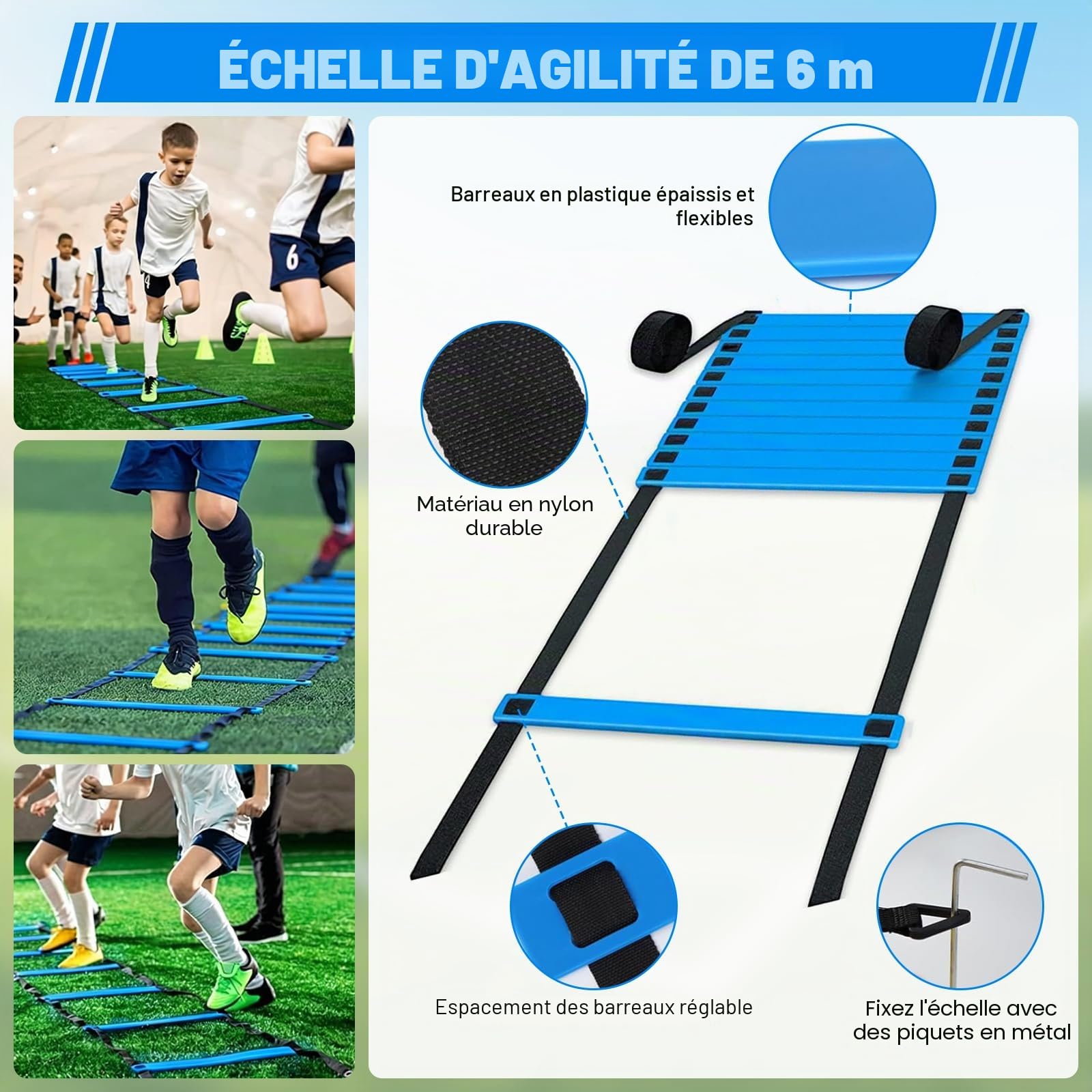 Kit Entrainement Football 15pcs, pour Coordination, Vitesse | Échelle agilité 6m, 8 plots incassables, lanceur sans mains, 4 piquets acier, sac, Nylon/PE robuste