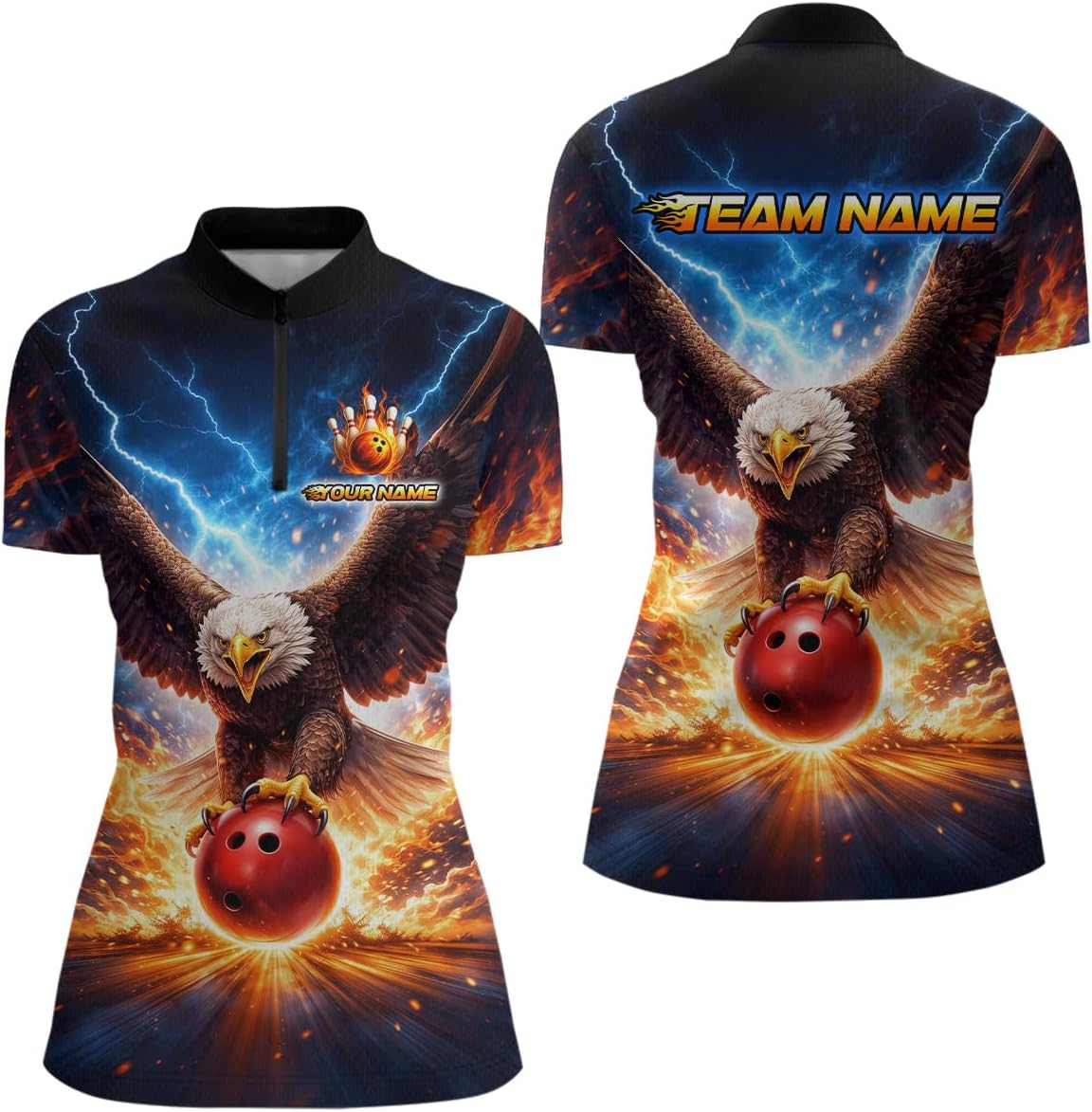 Eagle Bowling Shirts for Team Men Women Eagle Bowling Jersey Flaming Bowling Polo and Bowl ing1/4 Zip Shirt