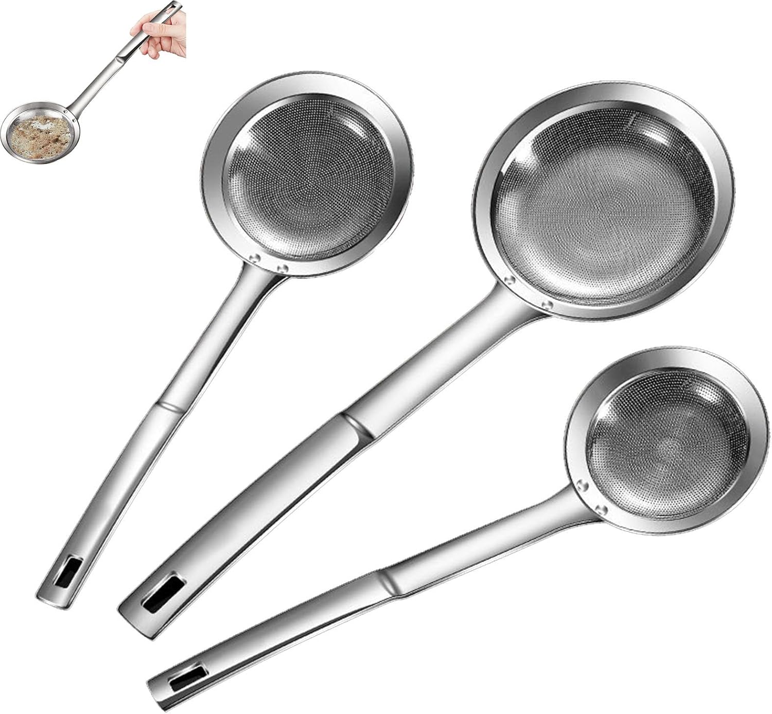 2025 Premium Stainless Steel Fine Mesh Skimmer Spoon - All-Purpose Kitchen Strainer for Frying Oil, Skimming Grease, Foam & Straining (3 Pieces)
