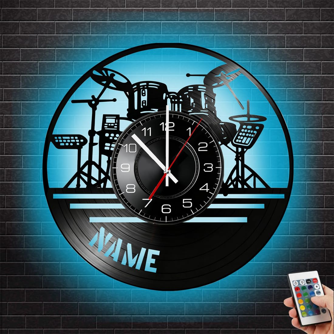 BFHEFGSUU Personalised Drum Set Metal Wall Clock With Led Light Custom Drummer Name Music Theme Wall Musical Clock Neon Sign Music Room Gifts For Family Friend Drum Set Lover Xmas Birthday (style 3)