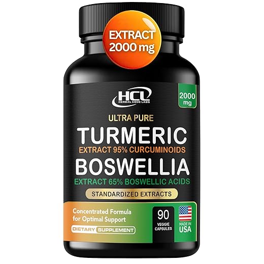 Turmeric Boswellia Extract Supplement 2000 mg – Strong Natural Pain Relief & Joint Support Pills – Extra Strength Anti-Inflammatory Boswellia Serrata with Turmeric Curcumin Powder 90 Capsules