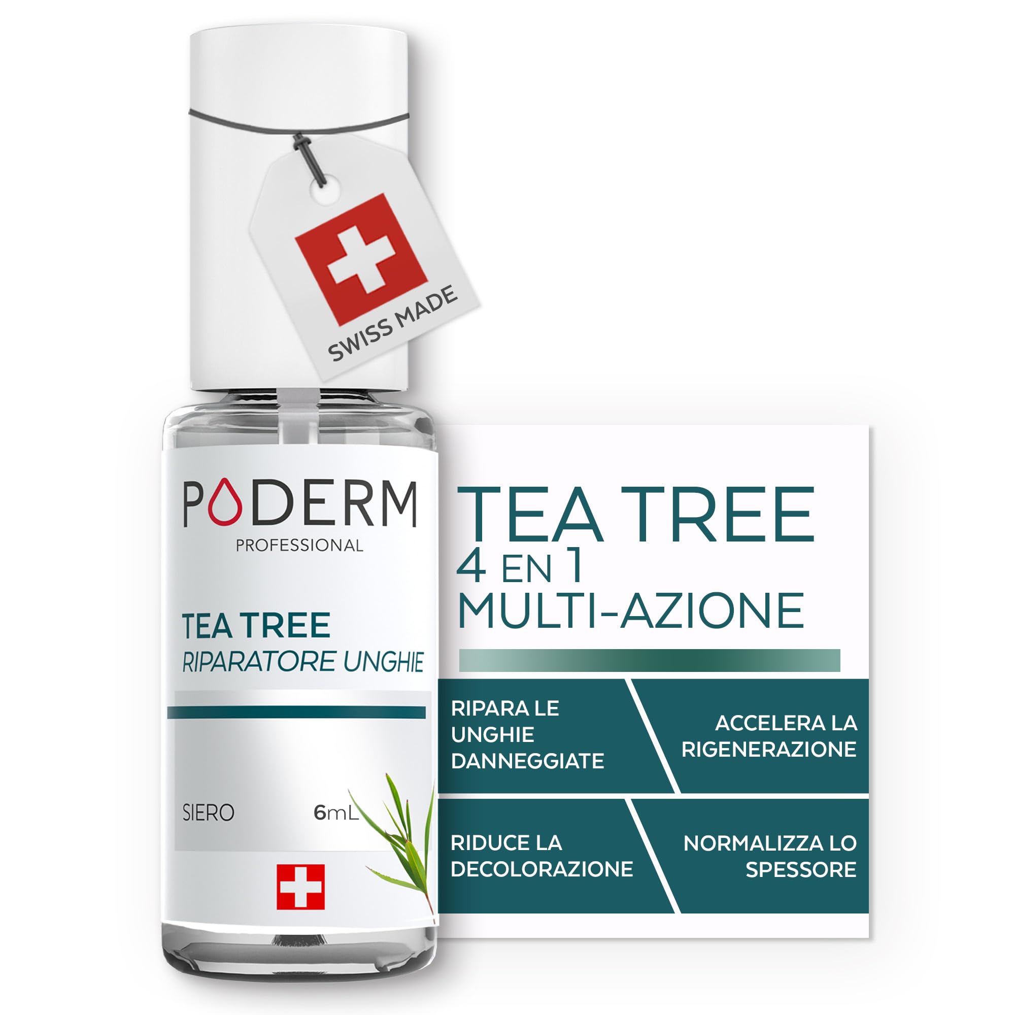 PODERM Tea Tree Riparatore Unghie 6 ml – Siero 4-in-1 | Migliora l’aspetto delle unghie danneggiate, ingiallite e spente – Uniforma lo spessore – Risultati visibili dal primo giorno – Swiss Made