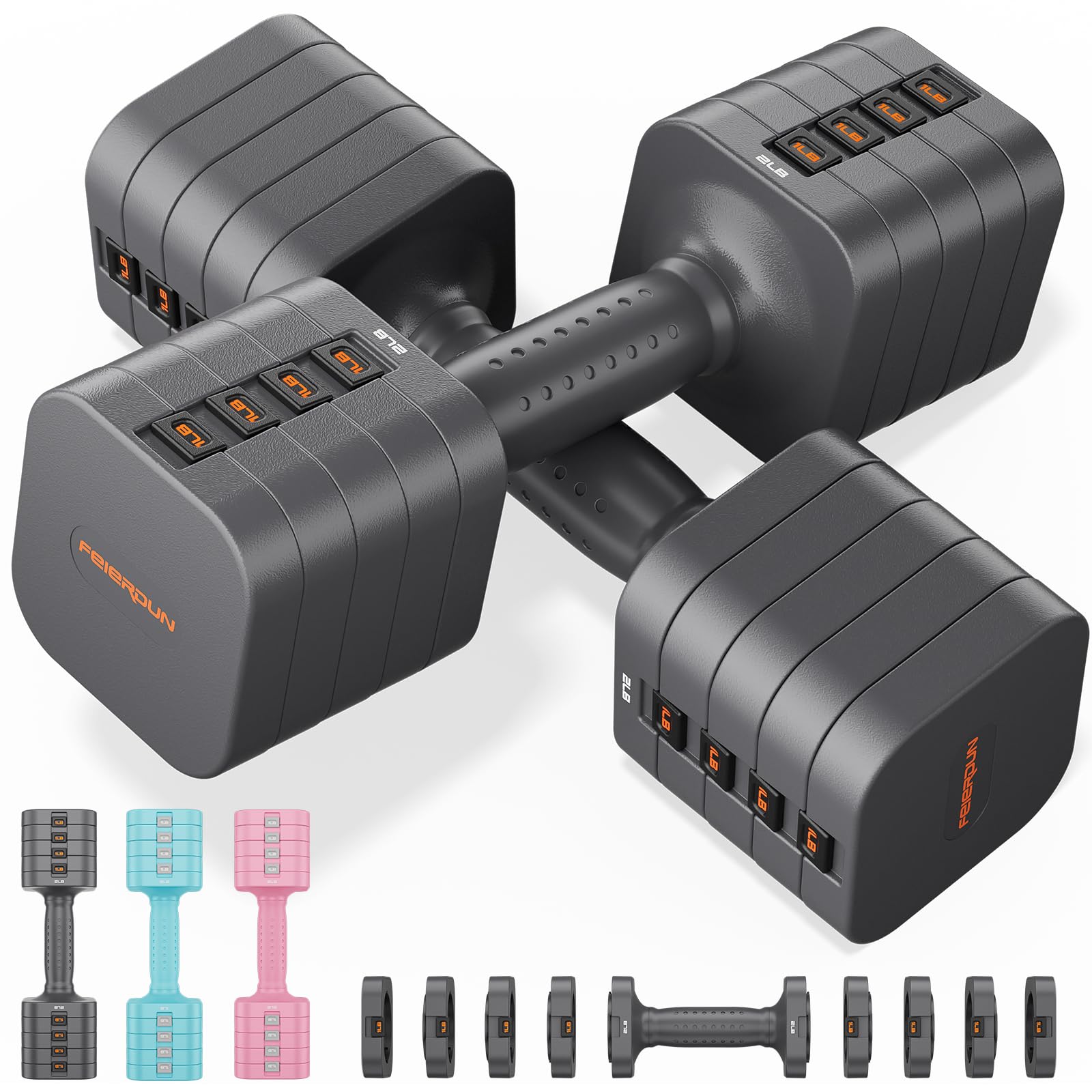 FEIERDUN 5-in-1 Adjustable Dumbbell Set of 2, 12LBS/20LBS Hand Weights for Women, 1s-Adjust Dual-Stable Dumbbell Set for Women Home Gym & Outdoor