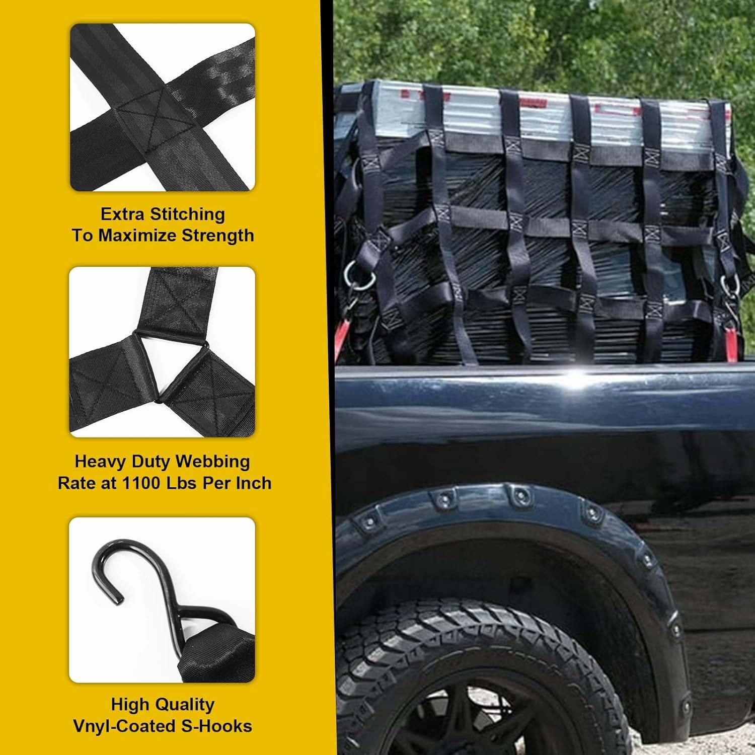 Cargo Net for Pickup Truck Bed, Heavy Duty Cargo Nets Netting 1000 lbs Capacity, Adjustable Cam Buckles & S-Hooks, Thick Herringbone Nylon, for SUV Car Trailers and Trucks (50" x 42") - Image 3