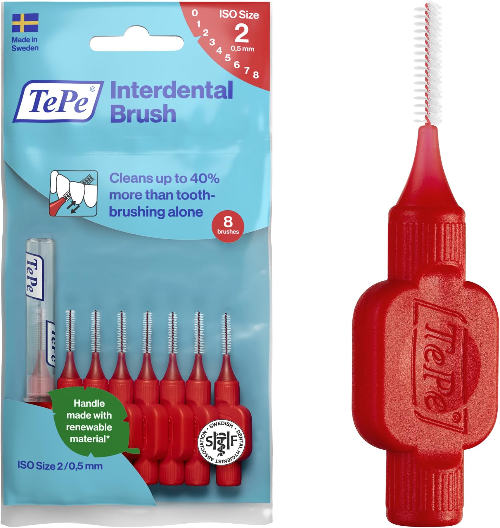TePe Interdental Brush, Original, Red, 0.5mm/ISO 2, 8pcs, efficient Cleaning Between Teeth, Plaque Remover and Dental flosser for Narrow Gaps