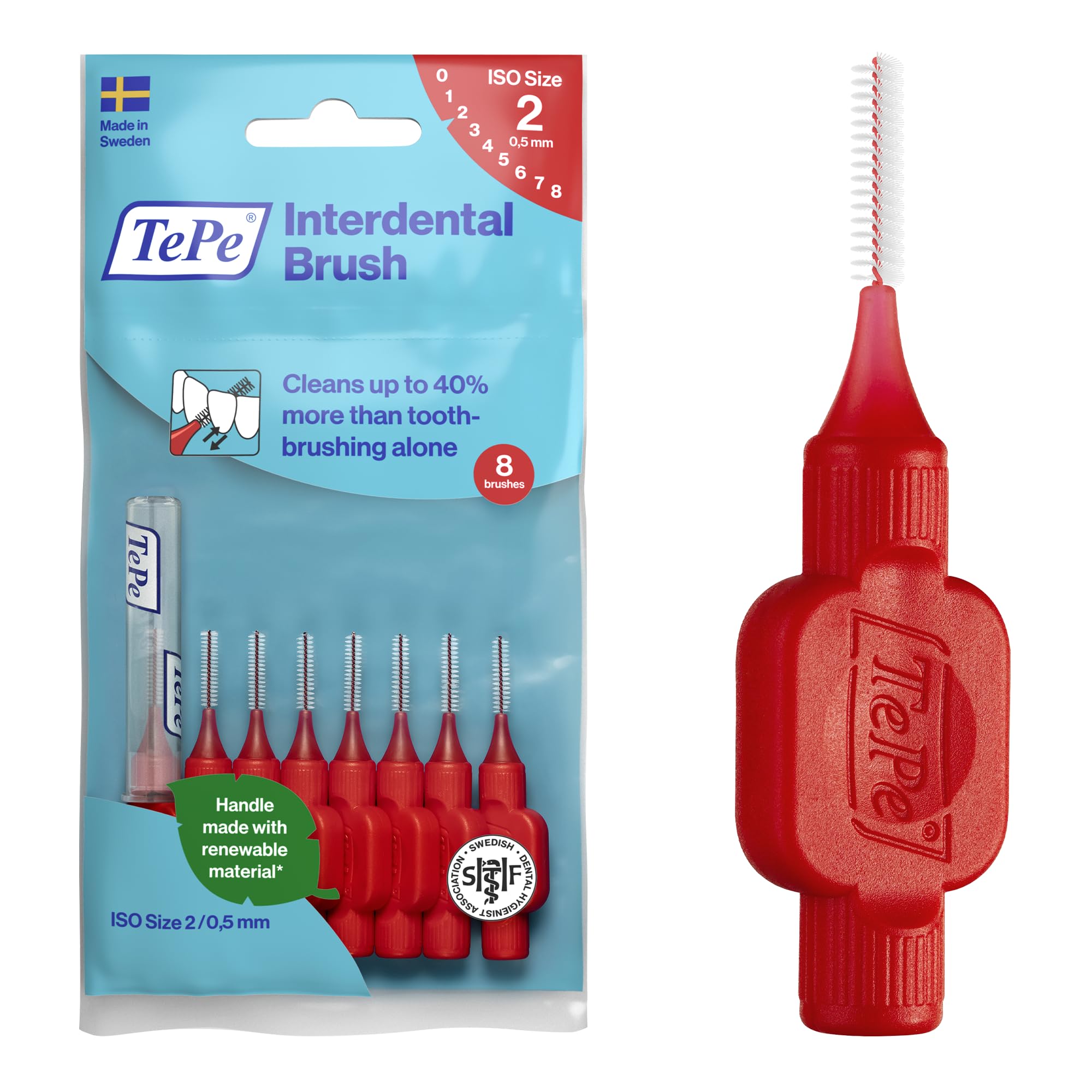 TePe Interdental Brush, Original, Red, 0.5mm/ISO 2, 8pcs, efficient Cleaning Between Teeth, Plaque Remover and Dental flosser for Narrow Gaps
