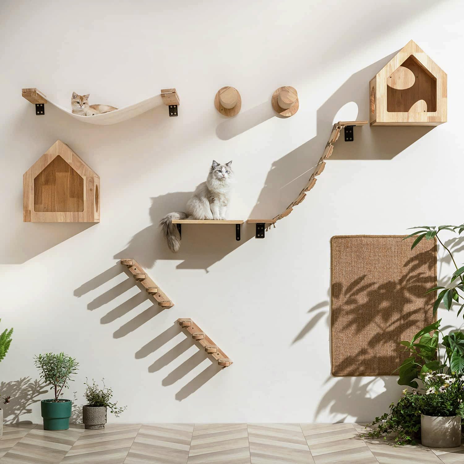 FUKUMARU Amaca da Parete per Gatti, Trespolo e Ponte per Gatti, Mobili da Parete di Alta Qualità, per Dormire, Giocare, Arrampicarsi e Rilassarsi, Beige, L-86 CM.