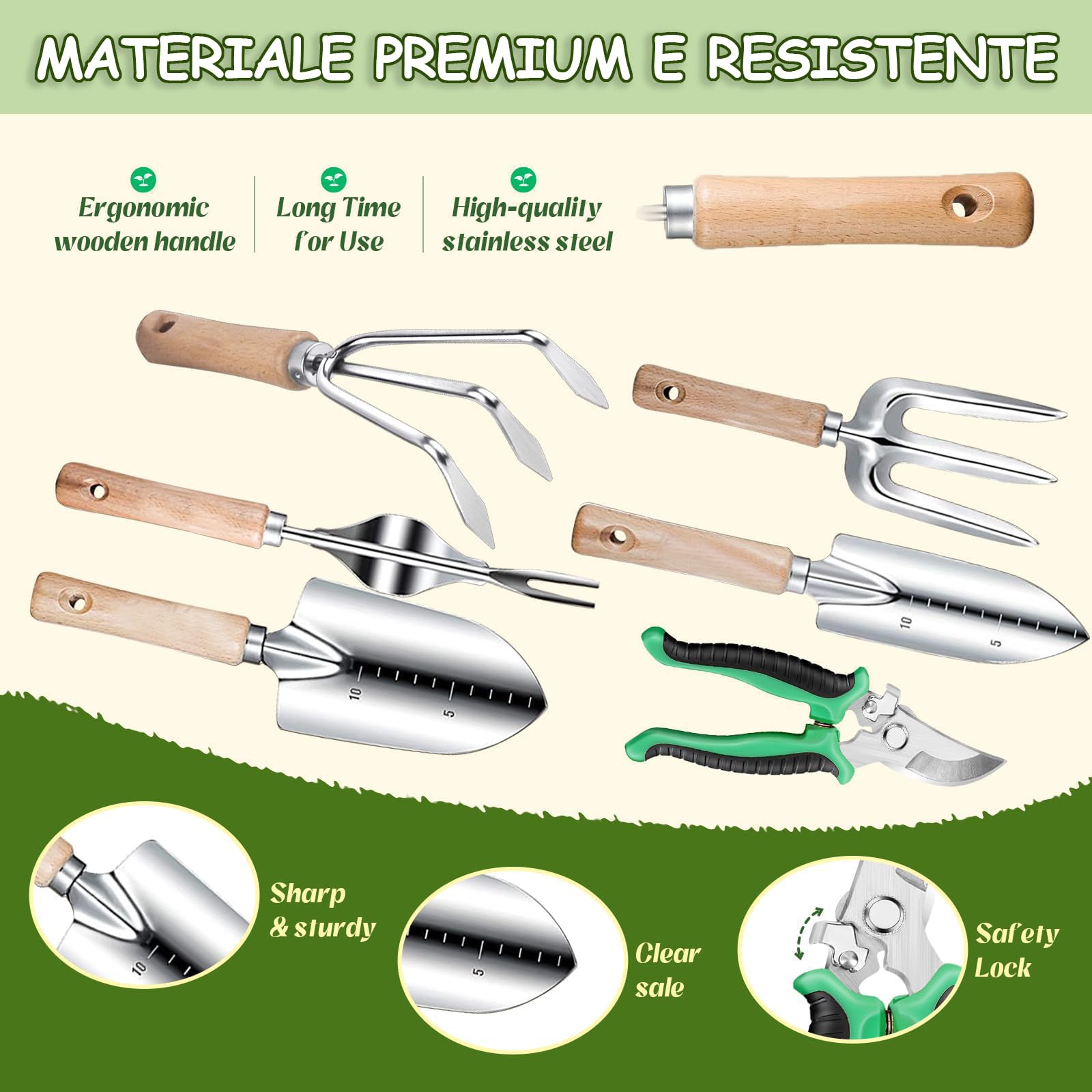 Set di Attrezzi da Giardinaggio 12 Pezzi, Utensili in Acciaio Inossidabile Anti-Ruggine con Manico in Legno Antiscivolo, per Trapiantare e Potare, Giardinaggio Regalo per Uomo e Donna