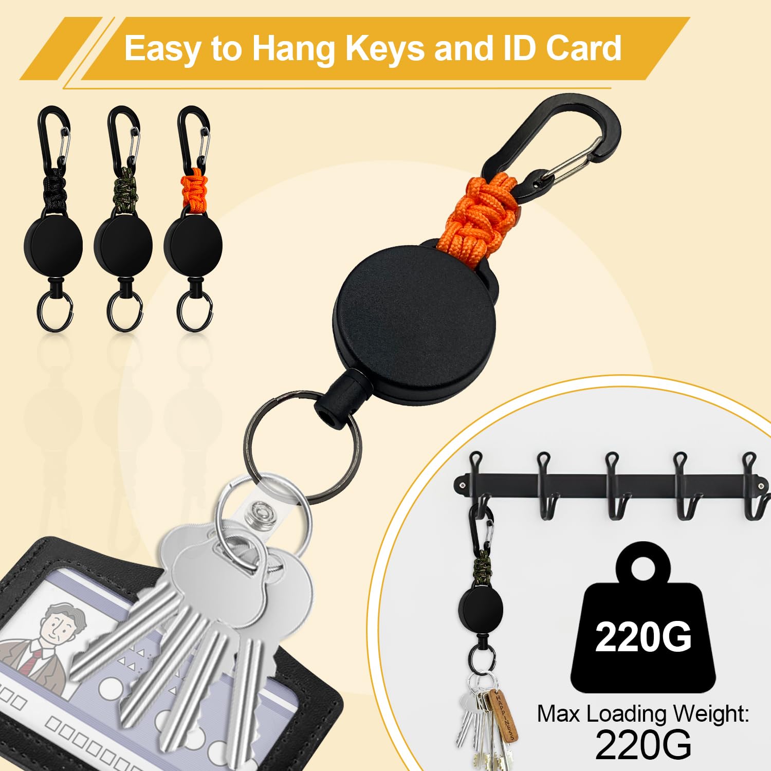 Retractable Keychain 3 Pack Heavy Duty Carabiner Badge Holder Extendable Reel ID Badge Holders Retractable for Keys Ring with 60 cm Steel Cord and Lanyard (): Black+orange+green