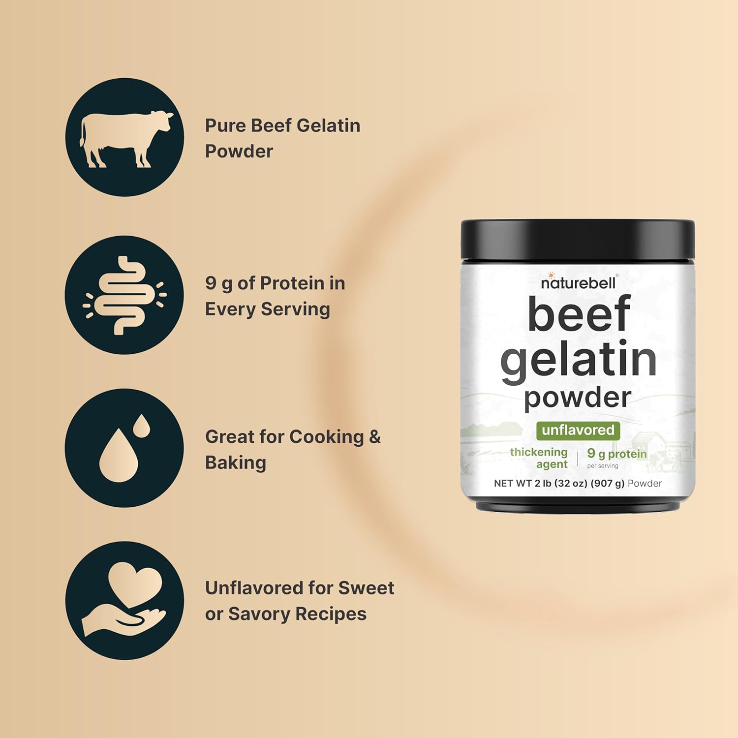 NatureBell Beef Gelatin Powder, 2 lb – Unflavored Bovine Gelatin – Natural Thickening Agent for Cooking, Baking, Gummies & Desserts – 9g Protein Per Serving – Gluten, Soy & Dairy Free