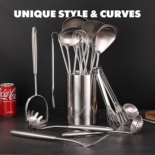 Miniatura 3 de Juego de utensilios de cocina de acero inoxidable 1810, 16 utensilios de metal para servir, herramientas de cocina, batidor, triturador, tenedor,