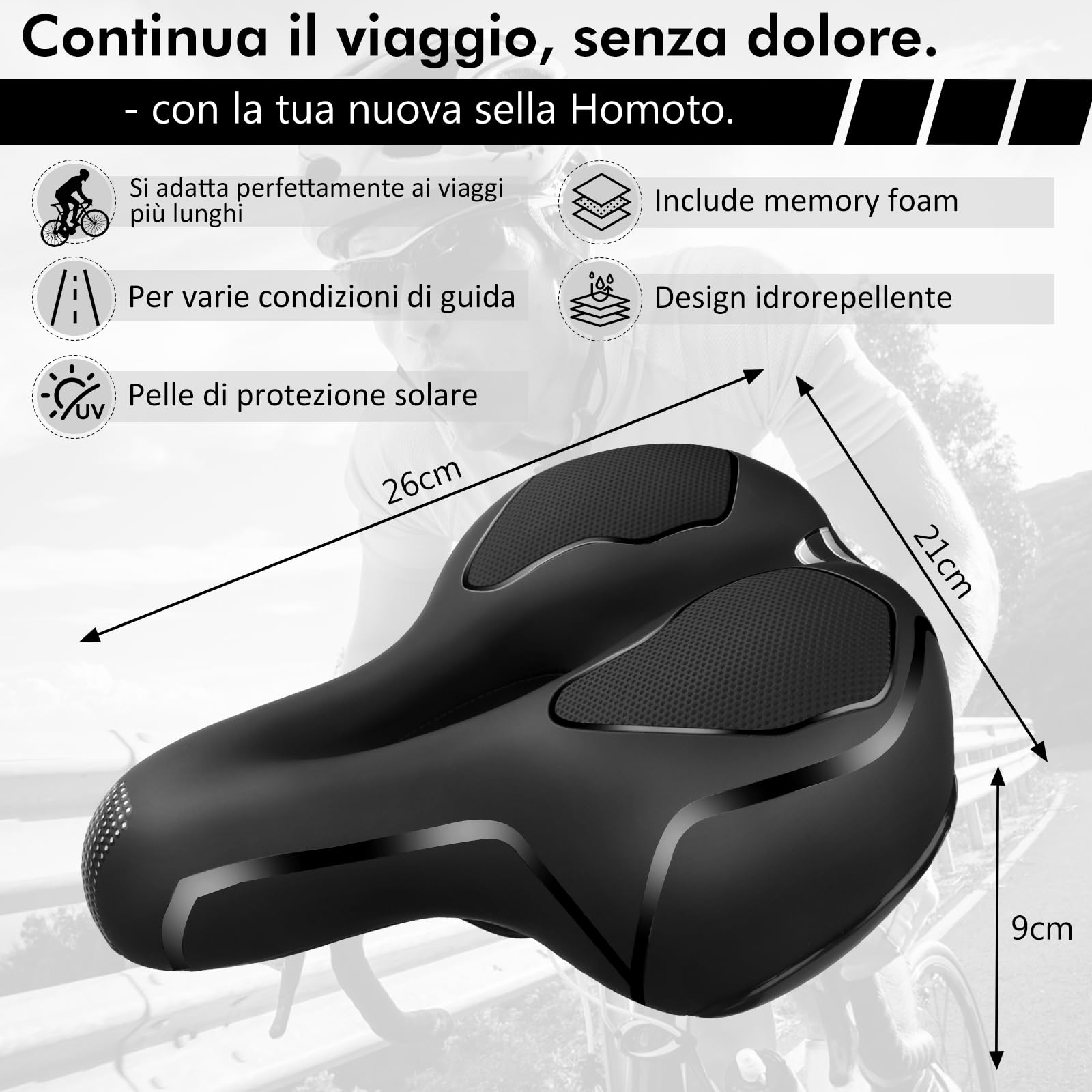Homoto Sella Bici con memore imbottito,Sella Bici Da Corsa, rivestimento impermeabile per bici da corsa urbane, per uomo e donna (Nero)