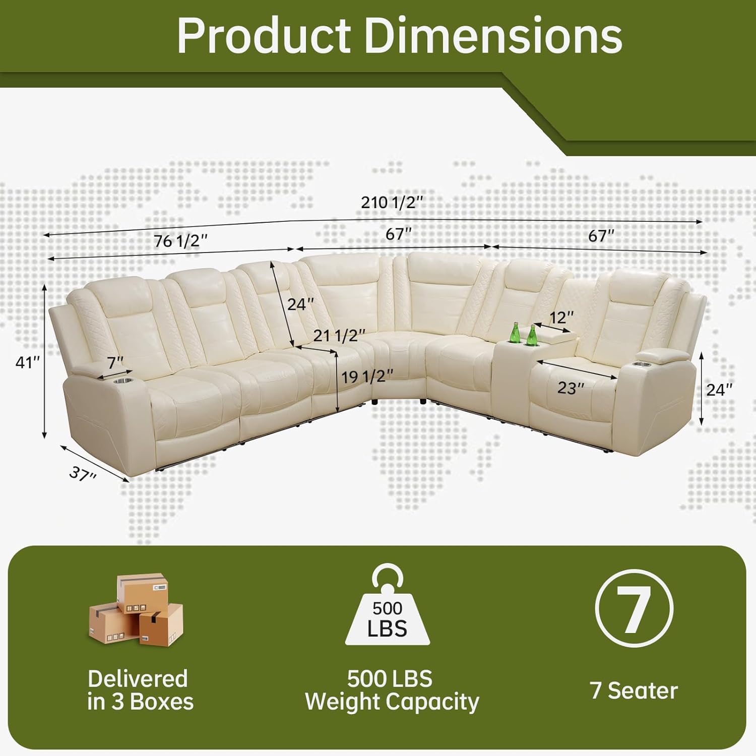 Electric Power Recliner Sectional with Quiet Adjustable Seating, Air Leather Couch for Home Theater Experience, Wireless Power, Cup Holders, Storage Design for Modern Living Room, White