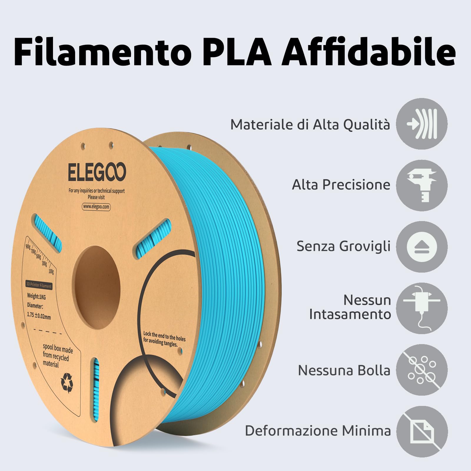 ELEGOO Filamento PLA 1.75mm Blu Cielo 1KG, Filamento per Stampante 3D, Precisione Dimensionale +/- 0.02mm, Filamento per La Maggior Parte delle Stampanti 3D