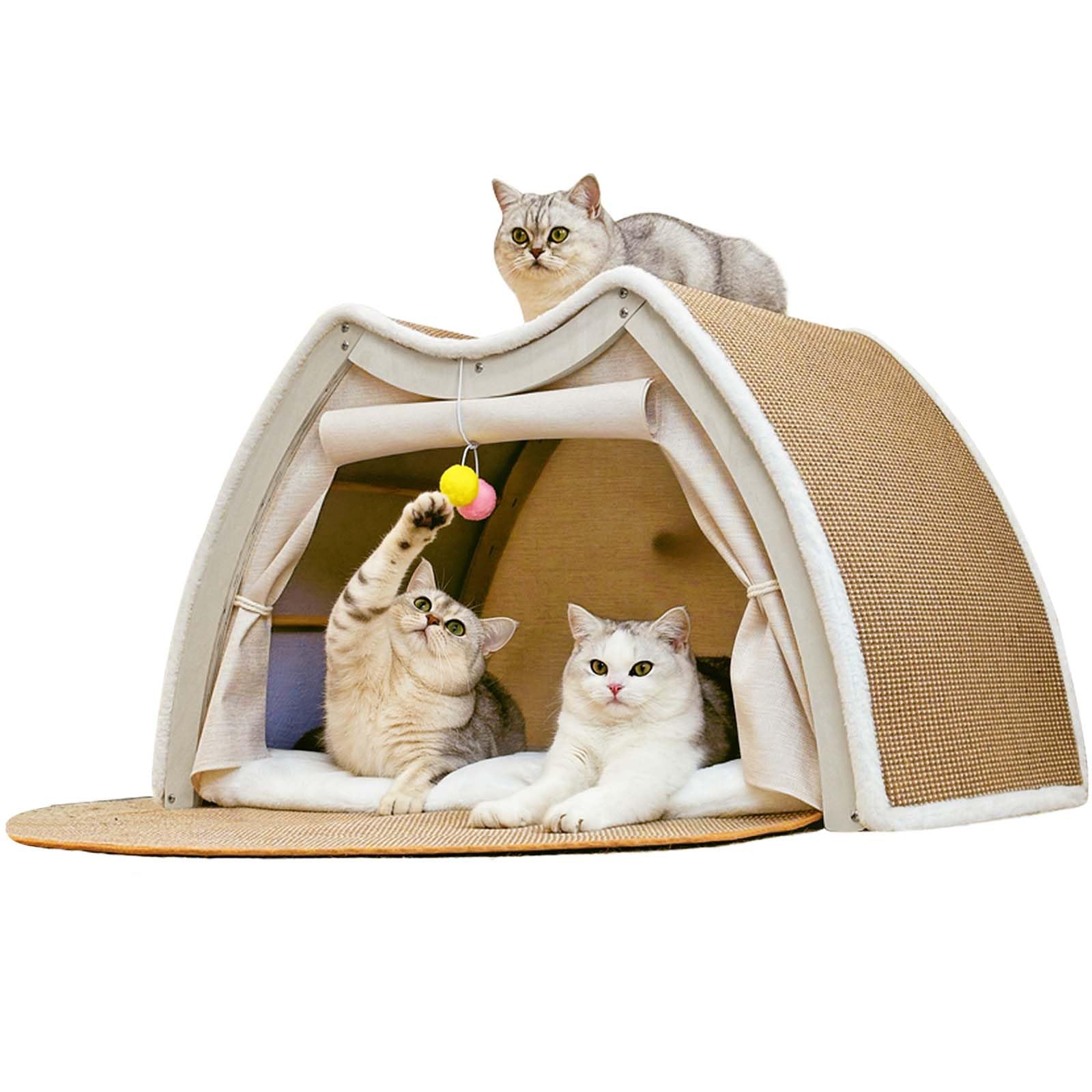 Katzenzelt Sisal Kratzhaus, 2-in-1 Katzenhaus & Kratzbrett, Ganzjahres Katzenbett mit Sisal-Kratzfläche zum Ausruhen und Spielen, für Katzen & Kleine Hunde(Beige, 62x50x43)