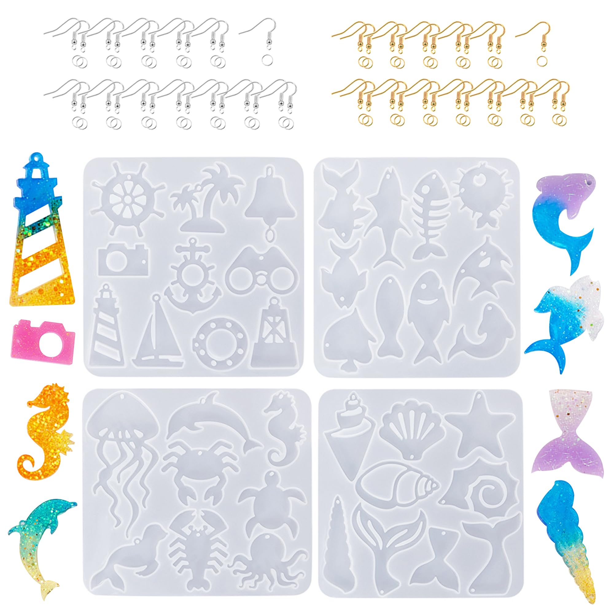 Attuslla 4 PCS Resin Molds Earring Jewelry Casting Silicone Molds, Marine Style Resin Earring Molds Silicone with Ear Hooks, Jump Rings for DIY Earrings, Pendant Craft Supplies, Resin Jewelry โ image 1