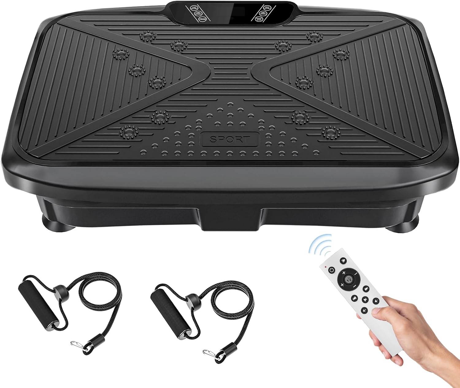 Top-down view of the Generic Vibration Plate Exercise Machine, showing the textured standing surface, integrated control panel, and a remote control with resistance bands.