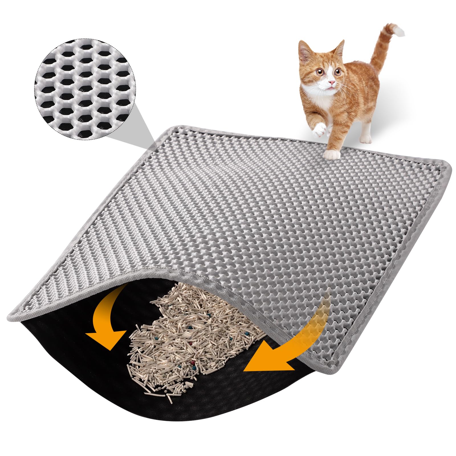 30x24 Inch Cat Litter Mat Double Layer Non-Slip Odor-Free Litter Box Mat,Waterproof and Urine Proof Litter Mat,Scatter Control, Less Waste,Easier to Clean(Gray)