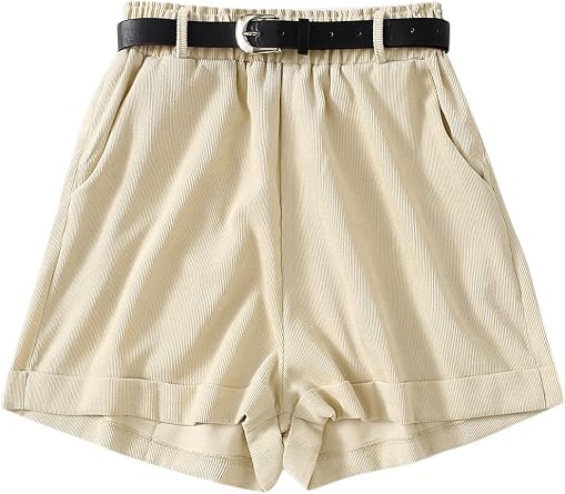 Amazon.com: SOLY HUX Pantalones cortos elásticos de pana con cinturón de  cintura alta para mujer con bolsillo, Beige, M : Ropa, Zapatos y Joyería