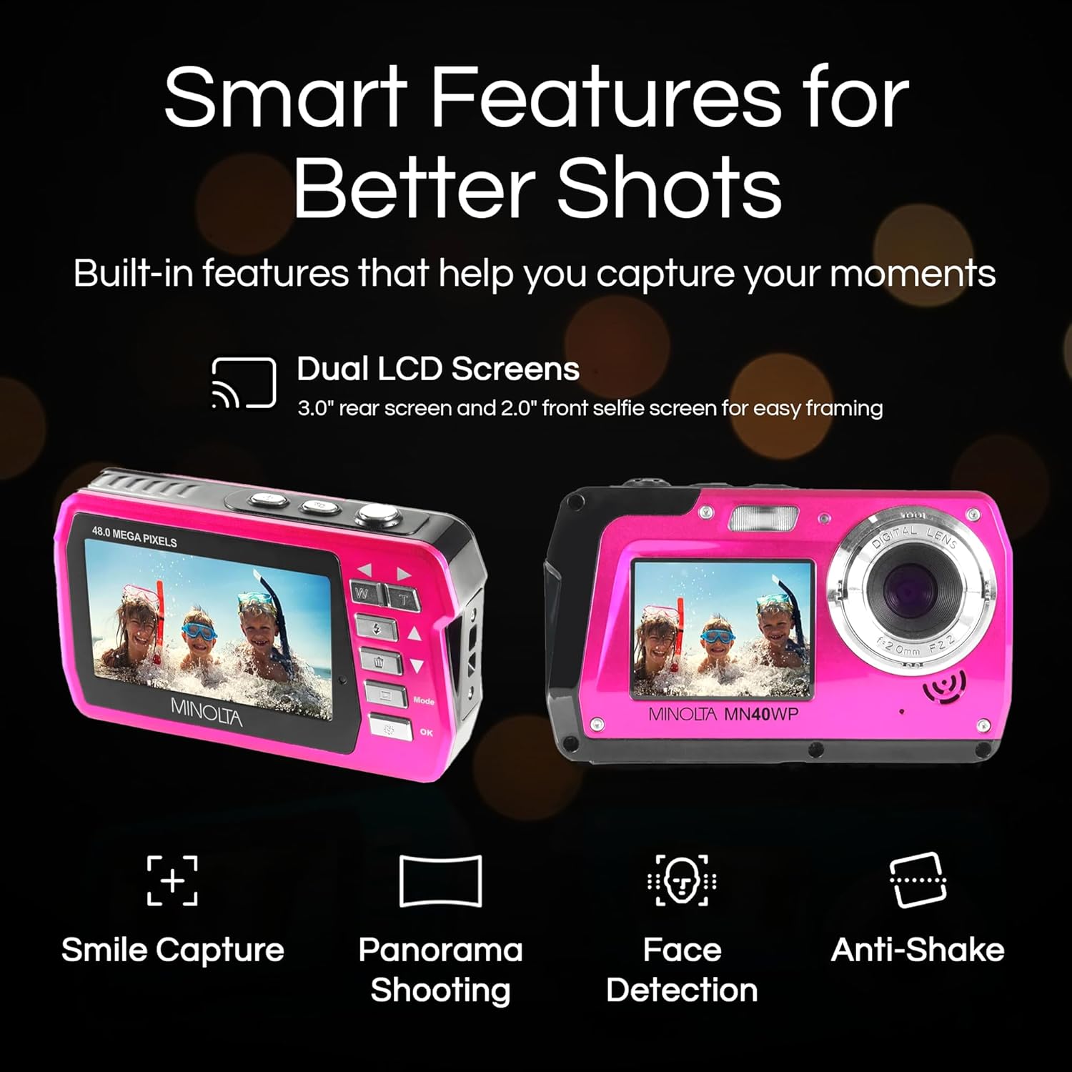 Minolta MN40WP 48MP Waterproof Digital Camera – Dual LCD Screens, 2.7K QHD Video, 16x Digital Zoom, Anti-Shake, Face Detection, 10ft Waterproof (Pink)