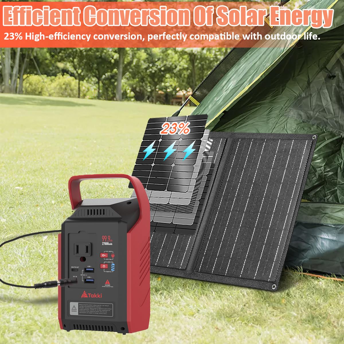 Takki 120W Peak Solar Generator Portable Power Station with Panels 21W Included, 99Wh Solar Power Bank Charger AC Outlet for Camping Emergency Outdoor Tent — view 5