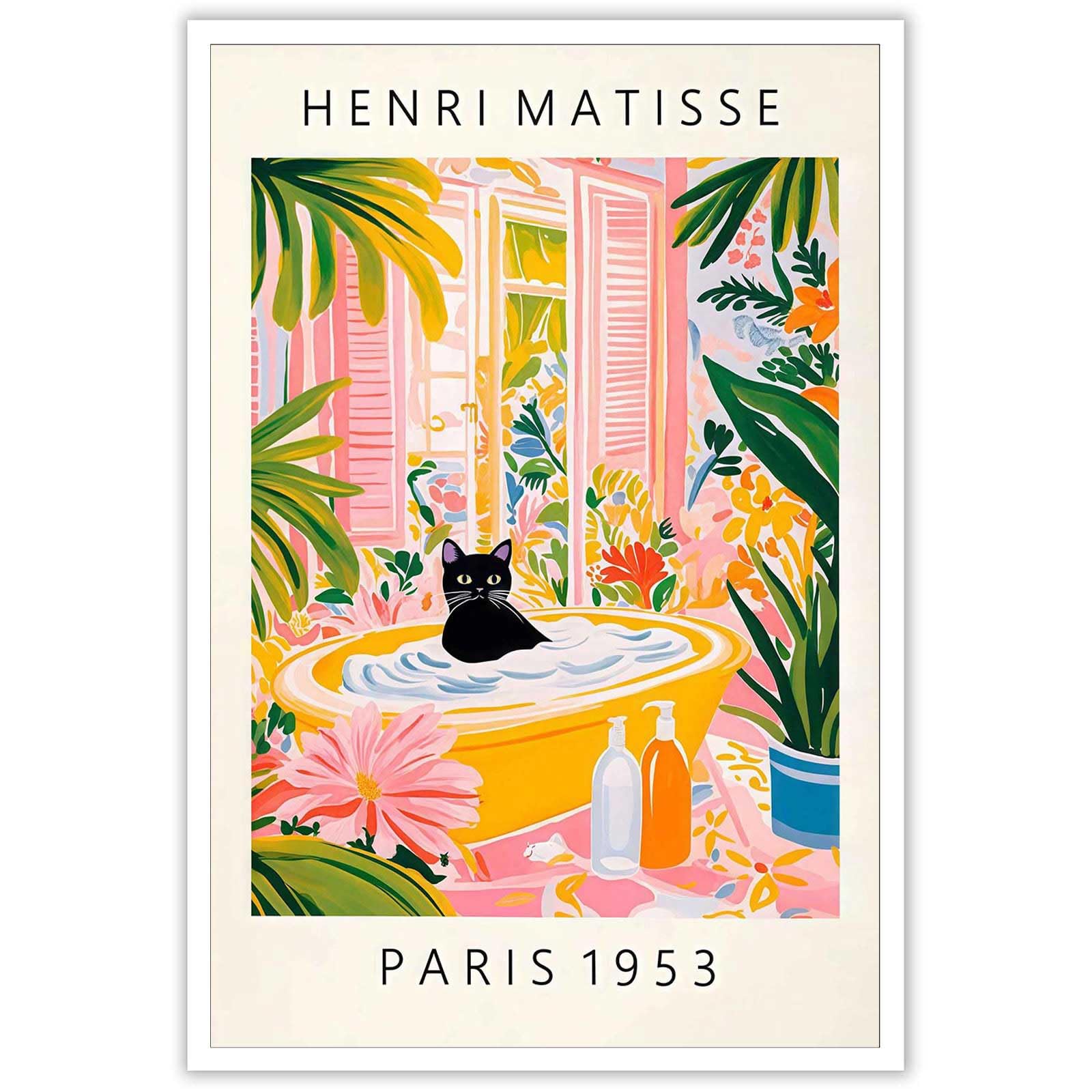 Cute Cat In Bathtub Poster Funny Bathroom Canvas Wall Art Tropical Plants Animal Aesthetic Prints Painting For Home Bathroom Toilet Restroom Wall